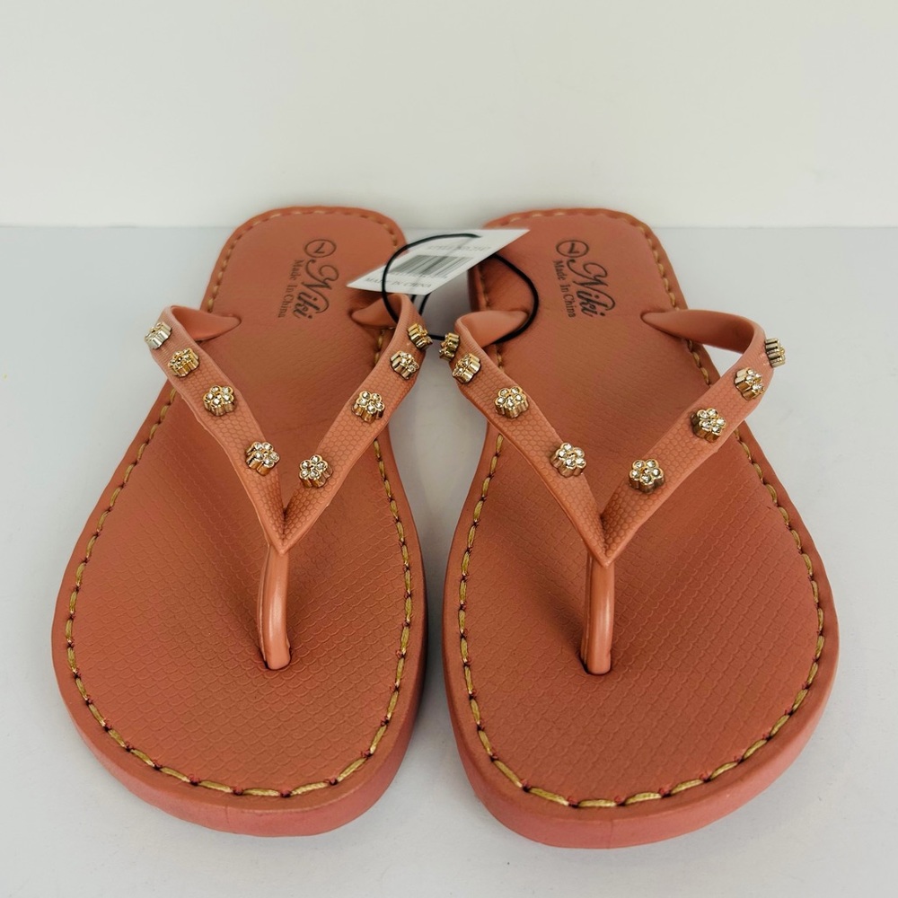 NWT Flip Flops Women's 9 Pink Rose Gold Rhinestone Cushion Rubber Sole Sandals